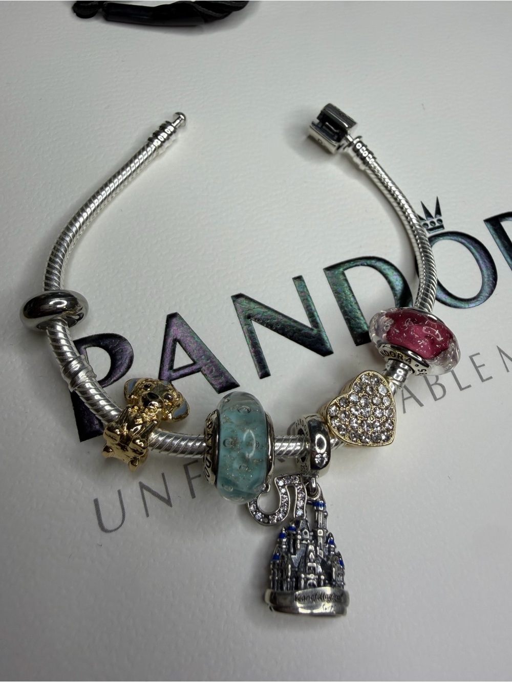 Pandora Silver Bracelet with Blue, Pink, Gold & Crystal Heart Charms